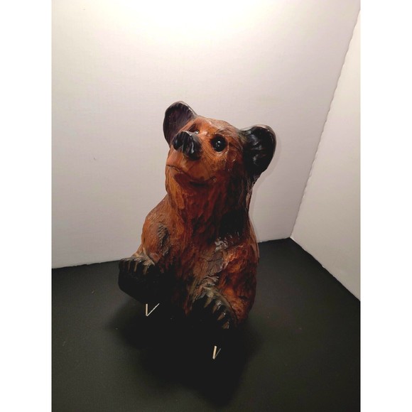 Vintage Hand Carved Bear Solid Wood Marble Eyes Medium 12" Monterey CA Wharf - Picture 14 of 16